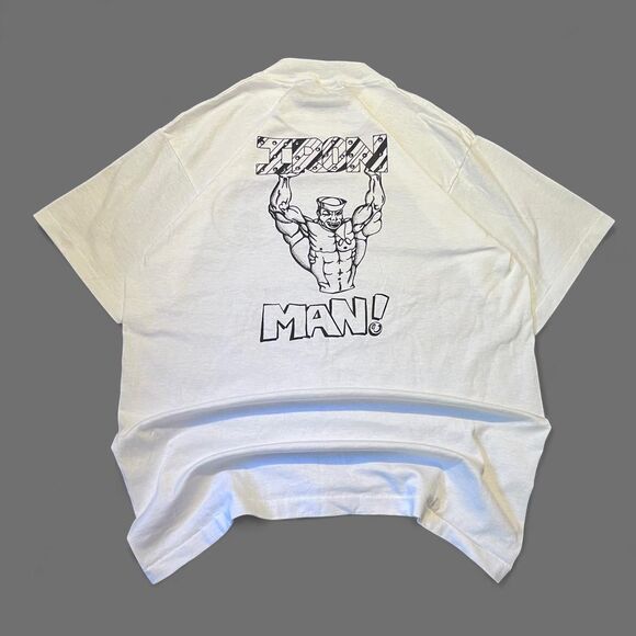 Vintage 80s Oneita Iron Man Navy Olympic White T Shirt Surfwear Sz L READ DESC - Picture 1 of 7